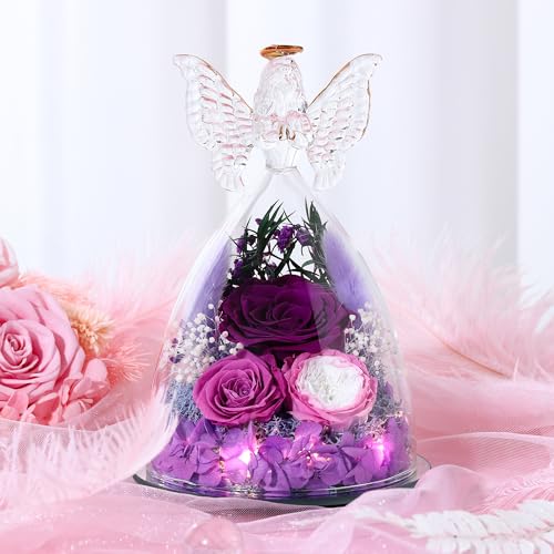 Mothers Day Rose Gifts for Women Preserved Real Flower in Glass Angel Figurines Roses for Delivery Prime Birthday Gifts for Mom Grandma Girlfriend Wife Her, Purple Austin Roses - color: Purple With Austin Roses