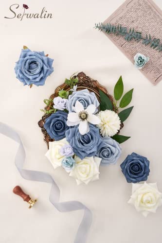 Serwalin Artificial Flowers, Dusty Blue Silk Fake Flowers Cake Flower for Wedding Bouquet Table Centerpieces Arrangements Party Baby Shower Home Decor Floral Arrangement - color: Blooming Dusty Blue White, size: 1 Box