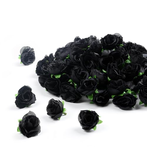 SITUMEIZI 100 Pcs 1.3 inches Mini Black Rose Head Small Black Flowers Artificial Fake Flower for Home Halloween Party Decor - color: Black