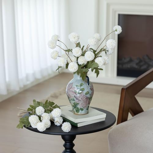 mizii 6Pcs White Fake Silk Pompon Mum Artificial Flowers Bulk Small Faux Chrysanthemums with Stems Realistic Floral Decorations for Wedding DIY Bouquet Centerpieces Shower Vase Home Decor (White) - color: White