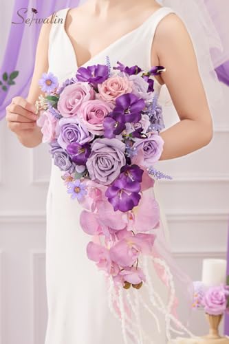 Serwalin 11 Inch Wedding Bouquets for Bride Bridesmaid, Purple Bridal Bouquets for Bride, Artificial Bouquets of Flowers for Wedding Ceremony Bridal Shower and Anniversary Day Decor - color: Royal Violet