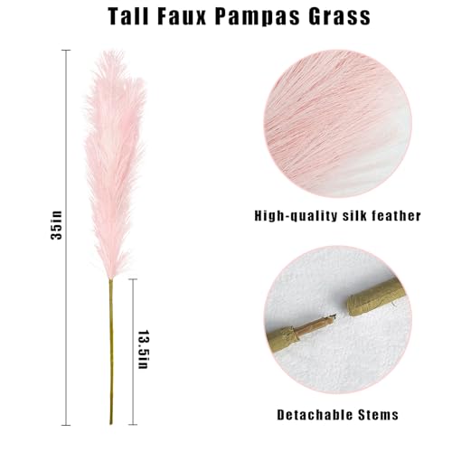 obbsie 35" Pink Faux Pampas Grass Decor, 8pcs Large Tall Fluffy Artificial Pompous Grass Branches Floral Fake Pompas Grass Bulrush Floor Vase Filler Flower Arrangement for Home Wedding Boho Decor - color: Pink, size: 8 PCS