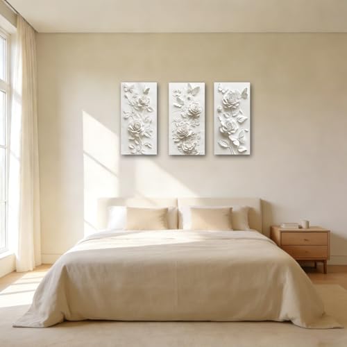 SWQYLB 3 Panel Flower Wall Art 3D Relief Floral Canvas Painting Abstract Butterfly & Rose Pictures Prints White Textured Wall Decor for Home Framed (White, 32x16inchx3 Pieces) - color: White, size: 32x16inchx3 Pieces