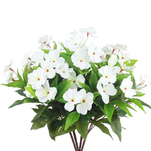 CITYES 4 Pcs Artificial Flowers Outdoor Impatiens UV Resistant Silk Impatiens Flowers White Faux Flowers Impatiens Bushes Artificial Impatiens for Pot Patio Lawn Garden Hanging Basket Porch Decor - color: White