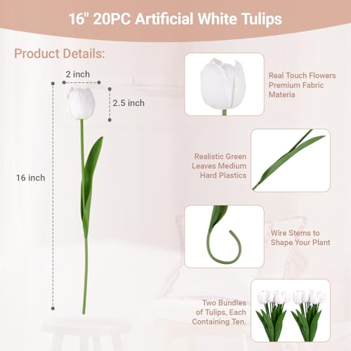 20 Pcs Fake Tulips Flowers 16" Tall, Realistic Touch Leaves, Bottle Tulip Artificial Plants Indoor for Home Decor Small Office Home Living Room-Vase Not Include -White - size: 16 Inch Tulips White