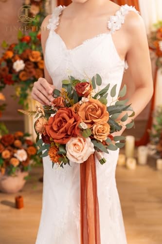 TINGE TIME Wedding Bouquets for Bride, 9 Inch Handcrafted Silk Bridal Flowers Bouquets for Fall Wedding Ceremony, Gift for Bridesmaid, Bouquet for Party Church Decoration (Brunt Orange) - color: Terracotta
