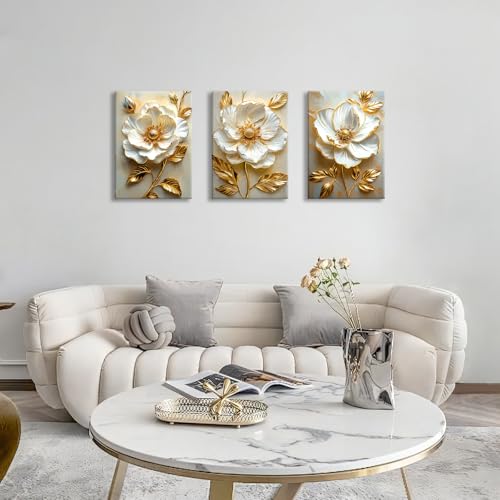 Modern White Floral Golden Leaves Canvas Wall Art Set, Neutral 3d Textured Flowers Wall Painting Pictures Boho Beige Blossom Wall Decor Posters Print Artwork for Bedroom Living Room Office 16x24x3Pcs - color: Flower-golden leaf, size: 16"x24"x3Pcs