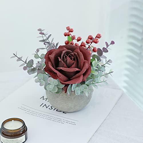 Small Artificial Burgundy Rose Potted Plant, 6" Fake Silk Flowers in 3.5" Round Pot, Mini Faux Floral Arrangement for Desk Shelf Bathroom Decor - color: Burgundy