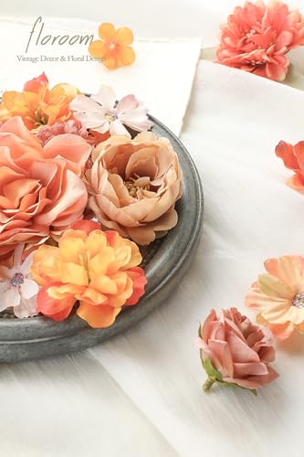 Floroom Mini Artificial Flower Heads Burnt Orange & Terracotta Fake Peony Daisy Rose Multicolor Small Faux Silk Flower Heads for Cake Craft Garland Wedding Party Graduation Cap DIY Home Decoration - color: Dusty Bloom Terracotta