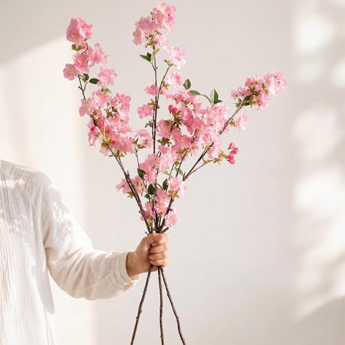 3 Pcs Rose Pink Cherry Blossom Branches 37 Inch Artificial Fake Realistic Cherry Blossom Stems Silk Faux Extra Long Stem Flowers for Tall Vase Home Decor Wedding Table Centerpieces - color: Rose Red