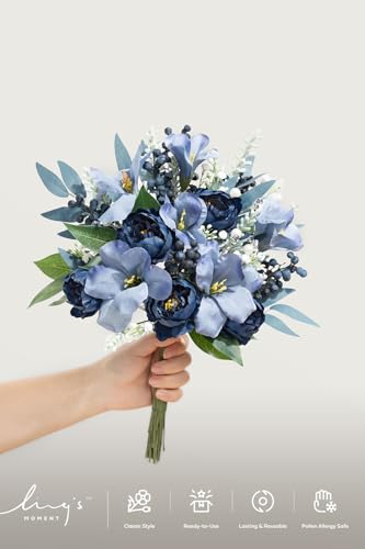 Ling's moment Artificial Greenery Stems Box Set, 59pcs with 8 Kinds of Faux Greenery Picks for DIY Bridal Bouquets Wedding Floral Arrangement Table Centerpieces, Dark Green & Navy - color: Blu-dark Green & Navy