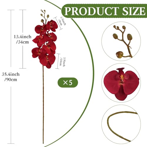 Burgundy Flowers Artificial Orchids 5PCS Fake Orchid 35.4" Faux Orchid Stems Burugndy Artificial Flowers for Bridal Shower Wedding Centerpieces Home Decor (Burgundy) - color: Burgundy