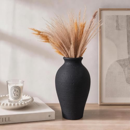 Ceramic Flower Vase Home Decor, 11 in Farmhouse Table Black Vases Rustic Vintage Living Room Kitchen Bedroom Decorations Pottery Decorative Vases for House Shelf Office Coffee Desk Dining Fireplace - color: 11 in - Black