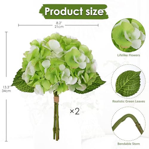 Hollyone Light Green Hydrangea Artificial Flowers 6pcs Large Real Touch Faux Hydrangeas Silk Flowers Bouquets Fake Flower with Stems for Home Decor Indoor Wedding Kitchen Centerpiece Table Decorations - color: Green