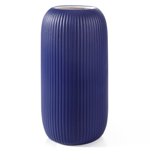 Ceramic Vase for Flowers – Modern Small Ribbed Textured Flower Vase for Home Decor, Pampas Grass, Decorative, Farmhouse, Coffee Table, Kitchen Centerpieces, Bookshelf and Home Living (Navy Blue) - color: Navy Blue