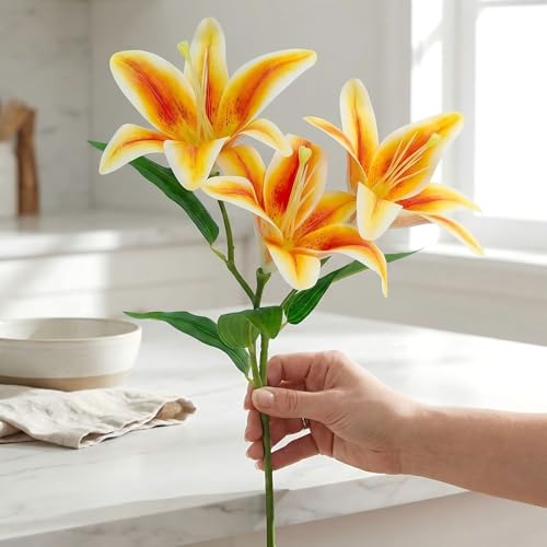 Orange Lily Artificial Flowers,6 Pcs Faux Lilies Flowers,23 Inch Long Stem Tiger Lily Branch with 3 Full Blooms and 4 Leaves, Latex Real Touch Lilium Flower for Wedding Bouquet - color: Orange