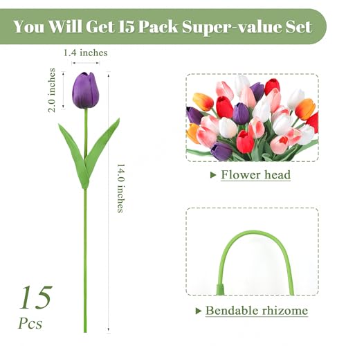 SITUMEIZI Fake Flowers Tulips Artificial PU Flower 15pcs Real Touch 14" for Spring Easter Home Kitchen Wedding Bouquet Bulk Mother's Gift Day Decorations(Multicolor,6) - color: Red,purple,rose Red#,pink,white,sunset Red