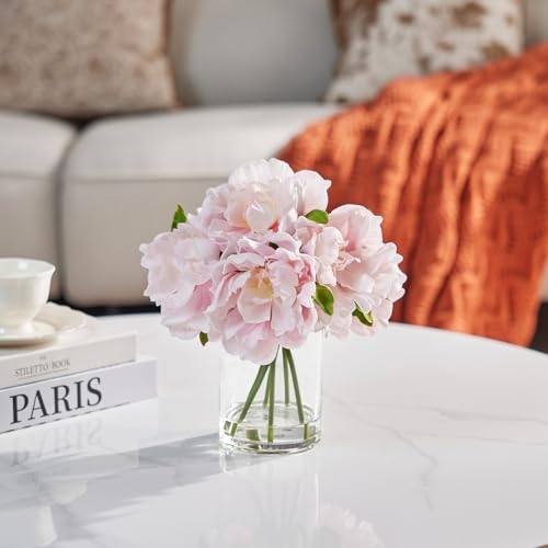 VeriNatural Artificial Pink Peony Flowers with Vase – 10.6" Fake Silk Floral Arrangements in Glass Vase with Faux Water for Home Decor, Bathroom Shelf, Centerpiece, Wedding, Gift - color: Pink