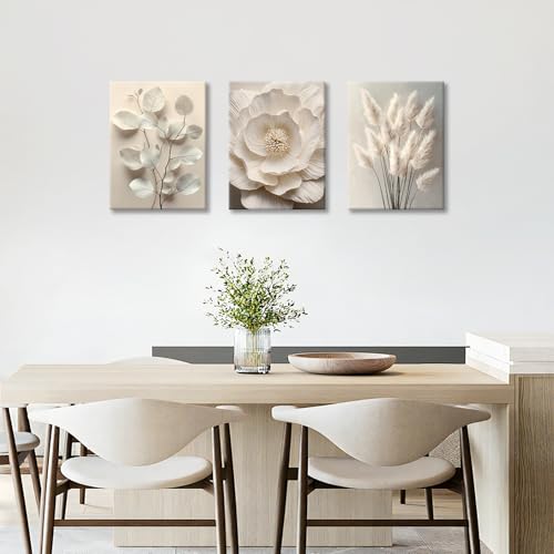WENGTIAO 3Pcs Beige Floral Botanical Frame Canvas Wall Art, Neutral Textured Flower Plant Wall Painting Picture Wall Decor Vintage Blossom Prints for Bedroom Living Room Reay to Hang 12"x16"x3Pcs - color: Flower-White botanical, size: 12"x16"x3Pcs