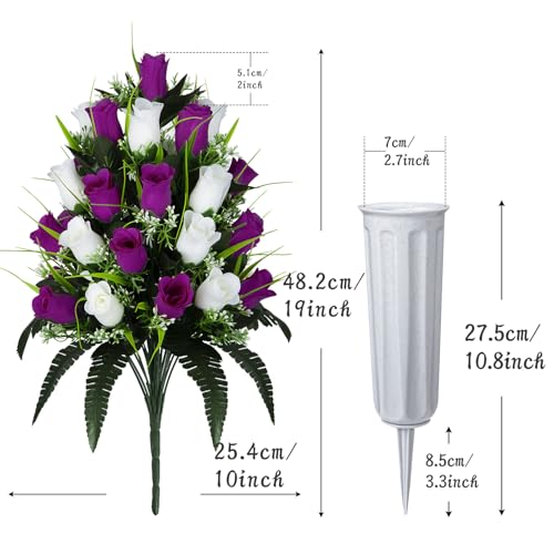 XONOR 2 Sets Artificial Cemetery Flowers, Grave Decorations Roses, Memorial Flowers Bouquet with Vase for Grave Cemetery Decoration (Purple Red&White) - color: Purple Red&white