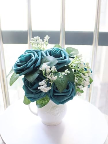 Artificial Flowers 50PCS Real Looking Dark Teal Roses Fake Roses with Stem for DIY Wedding Bouquets Centerpieces Party Baby Shower Home Decorations - color: Dark Teal, size: 3"/50pcs