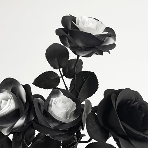10 Bundles Black White Artificial Rose Flower,No Fade Roses,Single Stem Fake Silk Flowers Realistic Blossom Flora,for DIY Home~Halloween Decoration