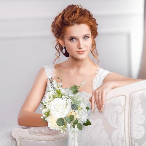 9 Inch Ivory White Wedding Bouquets for Bride Bridesmaid Champagne Rose Bridal Bouquet Artificial Fake Silk Cream Flowers Pearl Chains French Vintage Boho Rustic Church Decoration Toss Bouquet Prom - color: Ivory White
