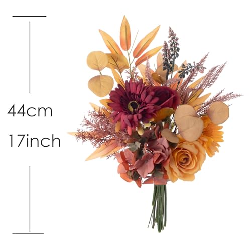 Fake Silk Flowers Bouquet Faux Centerpieces with Roses, Gerberas, Hydrangea etc, Realistic Artificial Floral Arrangements for Home Kitchen Decor - color: Autumn