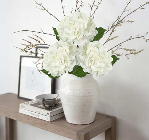 Hollyone 3Pcs White Hydrangea Artificial Flowers Real Touch Faux Silk Hydrangeas Flowers with Stem Fake Florals Flower for Home Wedding Table Centerpiece Vase Arrangements Decoration - color: White