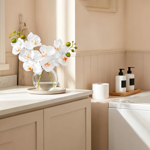 White Textured Coated Silk Artificial Orchid Flowers with Clear Glass Vase and Faux Water, 11" Faux Phalaenopsis Orchid Arrangement Centerpiece for Dining Table Bathroom Decor - color: A-white