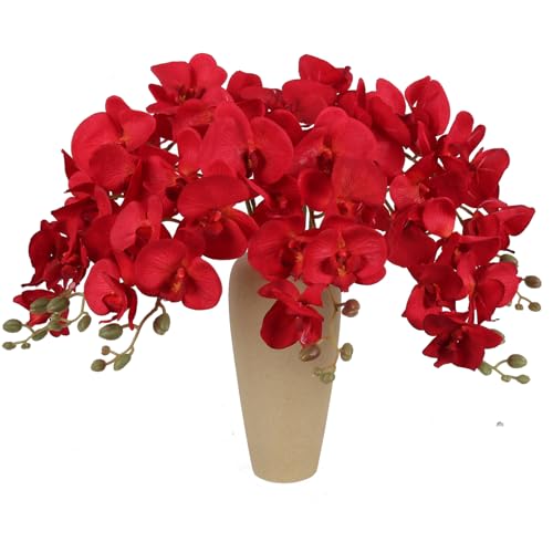 38 Inch 6 PCS Red Orchids Artificial Flowers Fake Orchids Velvet Silk Orchids Faux Orchid Flowers Long Stem Artificial Flowers for Tall Vase for Home Wedding Decoration(Red) - color: Red