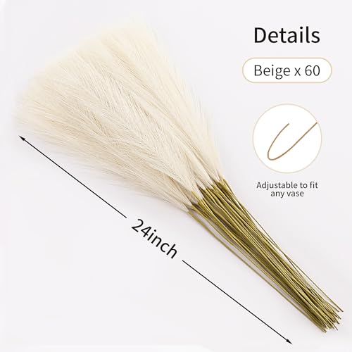 Wertuirk Faux Beige Pampas Grass - 60pcs 24 Inch Boho Home Decor, Artificial pompas Floral, Small Fake Pompous Grass for Table Centerpieces, Wedding and Baby Shower Decorations (Beige, 60 Pieces) - color: Beige, size: 60 Pieces