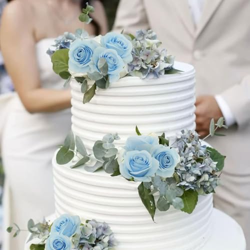 Felice Arts 12 Pack Light Blue Artificial Flowers with Stems Silk Roses Fake Flowers Bouquet for Wedding Table Vase Home Kitchen Party DIY Decor - color: Light Blue