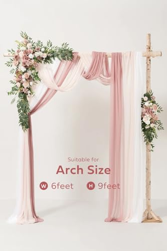 Ling's moment Deluxe Wedding Arch Flowers with Sheer Drapes Kit - Artificial Pink and White Floral Arrangements for Ceremony Backdrop, Arbor Decor, 5-Piece Set (2 Flower Stems + 3 Hanging Drapes) - color: Pk-dusty Rose & Cream