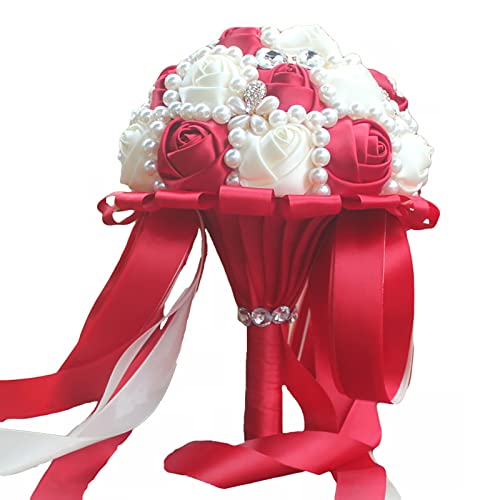 USIX Handcraft Popular Satin Rose Rhinestone Brooch Flower Pearl Bridal Holding Wedding Bouquet Wedding Flower Arrangements Bridesmaid Bouquet(Dark Red+Ivory) - color: Dark Red+ivory
