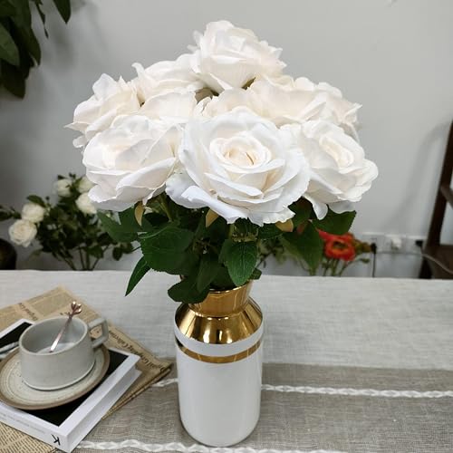 ATFL Fake Ivory Roses Artificial Flowers Bulk,Floral Diameter 4'',20 Pcs Artificial Silk Roses Flowers with Stems for Wedding Arrangement Centerpieces Party Home Table Decorations (20, Ivory) - color: Ivory
