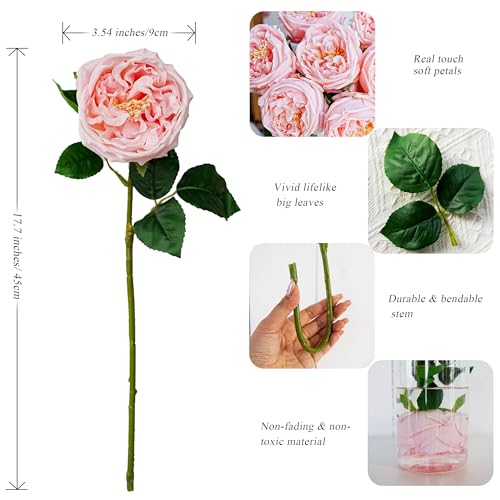 6Pcs Peonies Artificial Flowers, 17'' Real Touch Peonies Fake Flower, David Austin Roses Fake Peonies in Pot for Home Decor Wedding Balcony Bathroom Party Valentines Arrangement, Pink - color: Pink