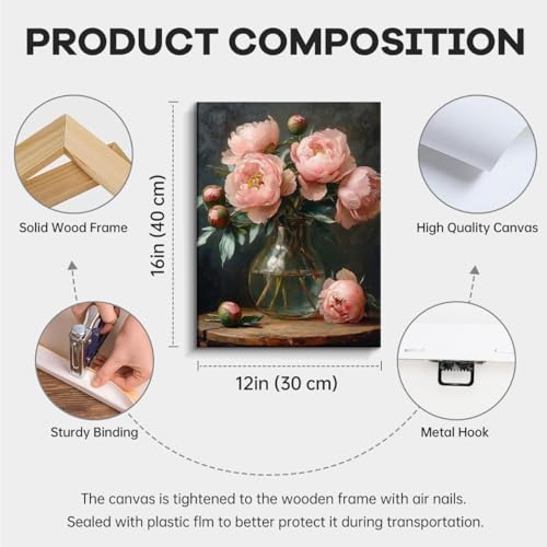 WOXZQ Peony Bouquet Wall Art, pink peonies in vase, vintage wall decor, laminated paper unframed canvas print, floral still life poster artwork, for dining room kitchen gift, 12x15 inch - color: Pink Peony Glass Vase