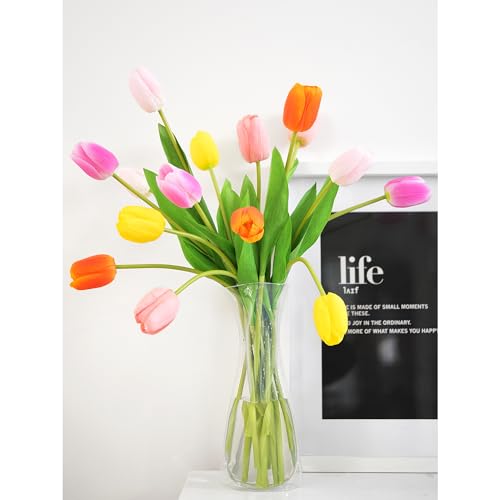 FiveSeasonStuff Real Touch Long Stem Tulips – 15 Artificial Flowers with Foldable Vase (Orange, Yellow, Mixed Pinks) for Home Décor, Weddings, and Gifts (Fiesta Medley) - color: Fiesta Medley Bloom Long Stems With Vase