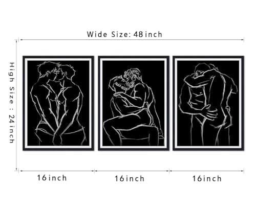 Black and White Gay Lover Canvas Wall Art 3 Panels Nude Man Line Posters Minimalist Male Couple Prints Artwork Wall Decor for Living Room Bedroom Bathroom Hotel Framed Ready to Hang 16x24inchx3pcs - color: Art02, size: 16x24x3Pcs Black Framed