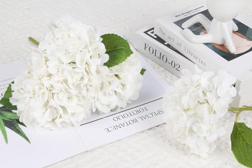 IPOPU 6PCS Real Touch Hydrangea Artificial Flowers White Fake Hydrangeas with Short Stem Latex Faux Flowers for Home Table Centerpieces Decor Floral Arrangements Wedding Bouquets Centerpieces (White) - color: White