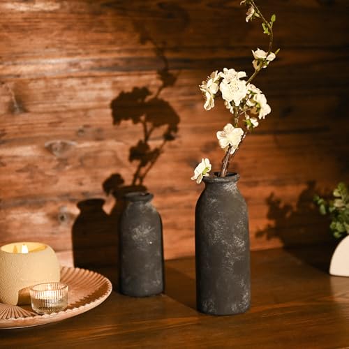 VICTOR & TERESA Black Ceramic Vases Home Decor, Flower Vase Set of 2, Farmhouse Vase for Flowers, Rustic Decorative Vases for Pampas Grass, Table, Living Room, Shelf, Centerpieces, 8 inch - color: Black