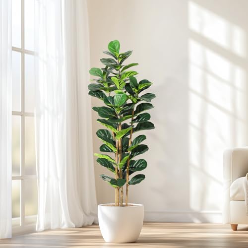 Garvee Artificial Fiddle Leaf Fig Tree with White Planter, 6 ft Tall Fake Plant with Natural Wood Trunk, Faux Ficus Tree Potted Moss for Home Office Living Room Decor - size: 6ft
