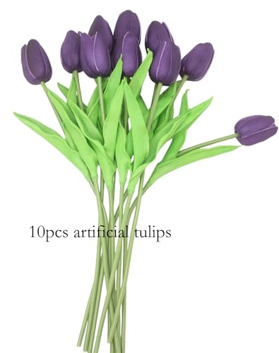 Artificial Flowers 10 Heads Mini Real Touch Artificial Tulip for Home Wedding Party Centerpiece Decoration (Dark Purple) - color: Purple