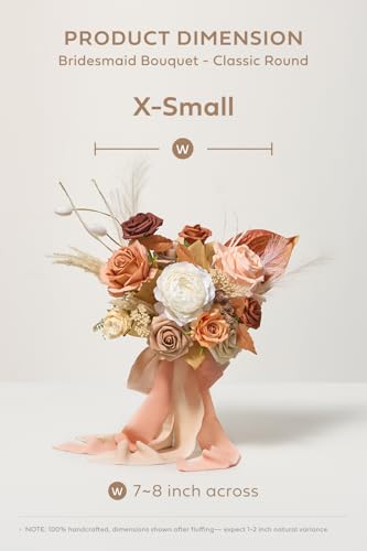 Ling's moment Artificial Bridesmaid Bouquets Set of 4,Brown Wedding Flower Bouquets Terracotta Floral Bouquet Rust Bridal Bouquets with Ribbon,Ceremony,Anniversary,7-inch Diameter - color: Or-rust Boho & Terracotta