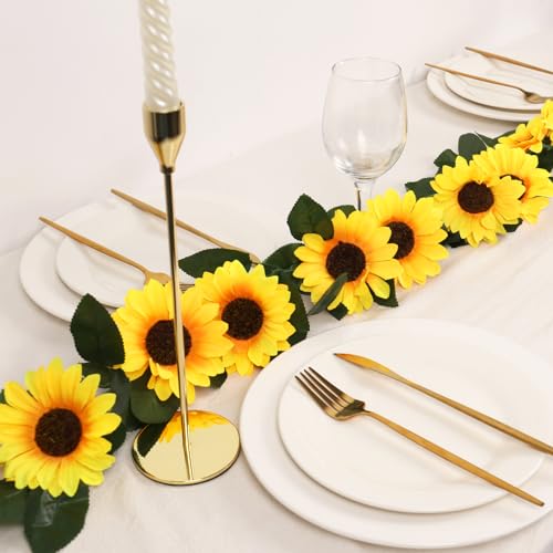 Beferr Sunflower Garlands Decor-2 Pack 7.5ft/Pcs Artificial Sunflower Vines Silk Hanging Flowers with Green Leaves for Wedding Birthday Party Home Wall Decorations