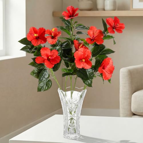 Hotop 3 Pack Artificial Hibiscus Flowers 33"x13" Silk & Plastic Tropical Bouquets Lifelike Blooms with Bendable Stems Faux Hawaiian Flowers for Home Living Room Wedding Patio (Red) - color: Red