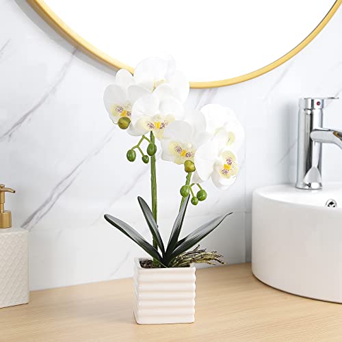 Artificial Orchids for Home Decor Indoor Silver Vase Orchids Artificial Flowers(White） - color: White