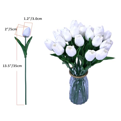 20PCS Artificial Tulip Flowers - 13.5" Real Touch Fake PU Tulips Bouquet Faux Spring Flowers (White) - color: White