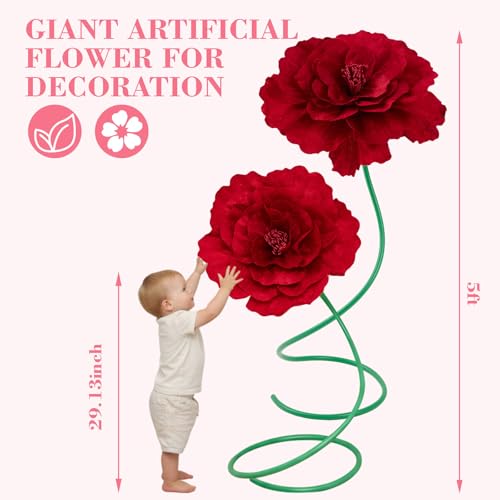 2 Pcs 5ft Large Peony Flowers Giant Artificial Red Peony Standing Huge Handcrafted Flower for Window Reception Banquet Ceremony Floral Decor Garden Hotel Office Birthday Wedding Party